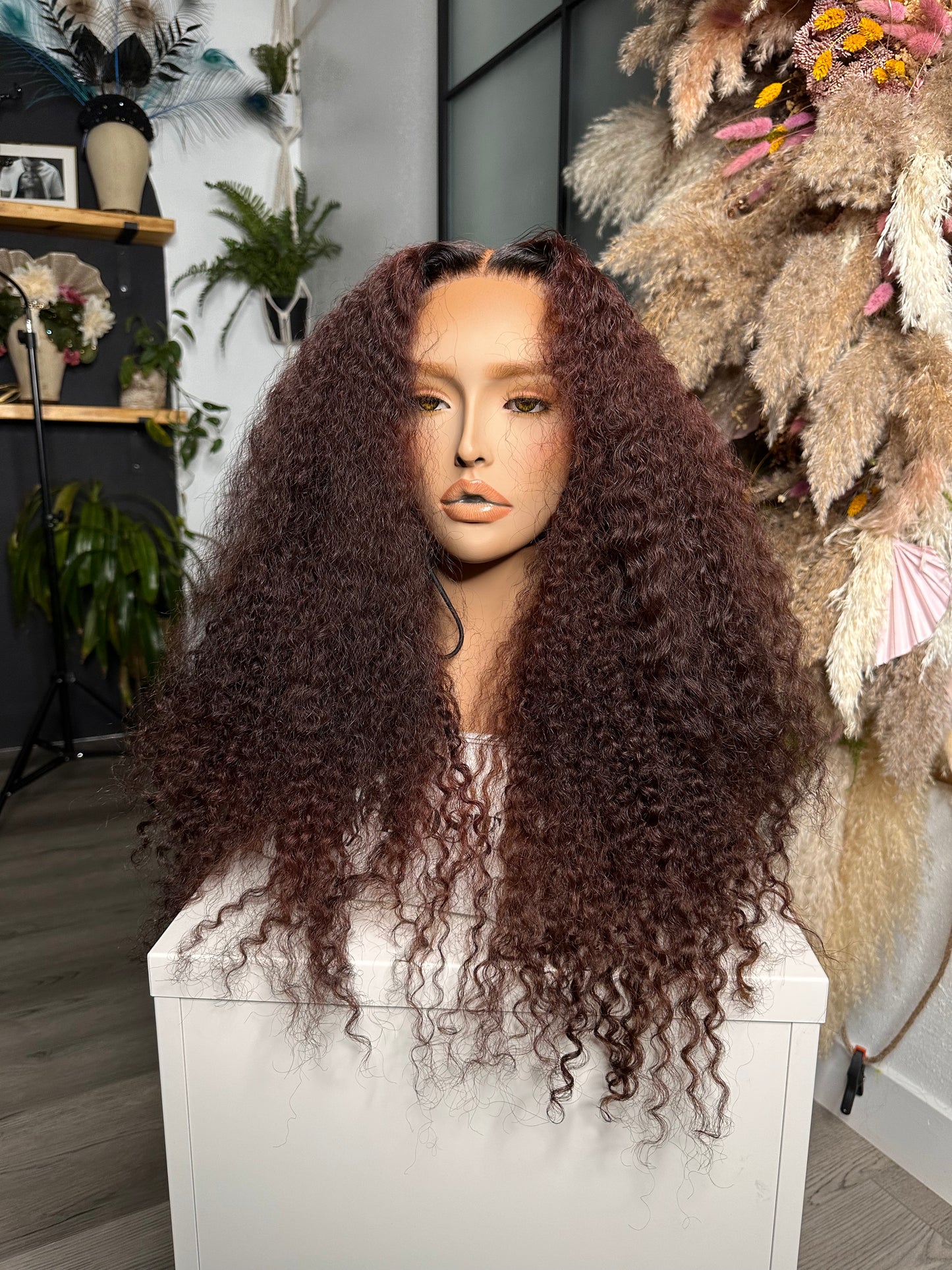 22” Kinky Curly Sangria Red| 6x6 Glueless Postiche