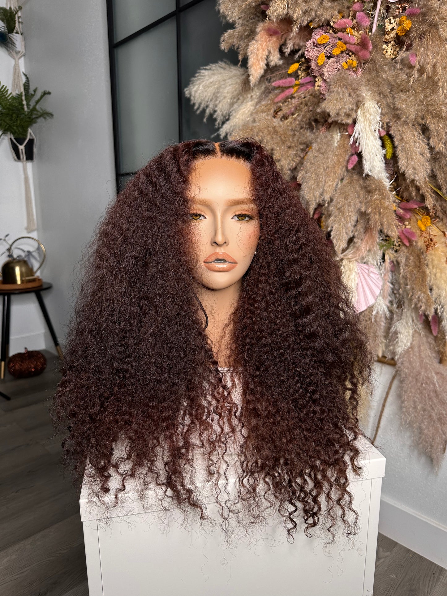22” Kinky Curly Sangria Red| 6x6 Glueless Postiche