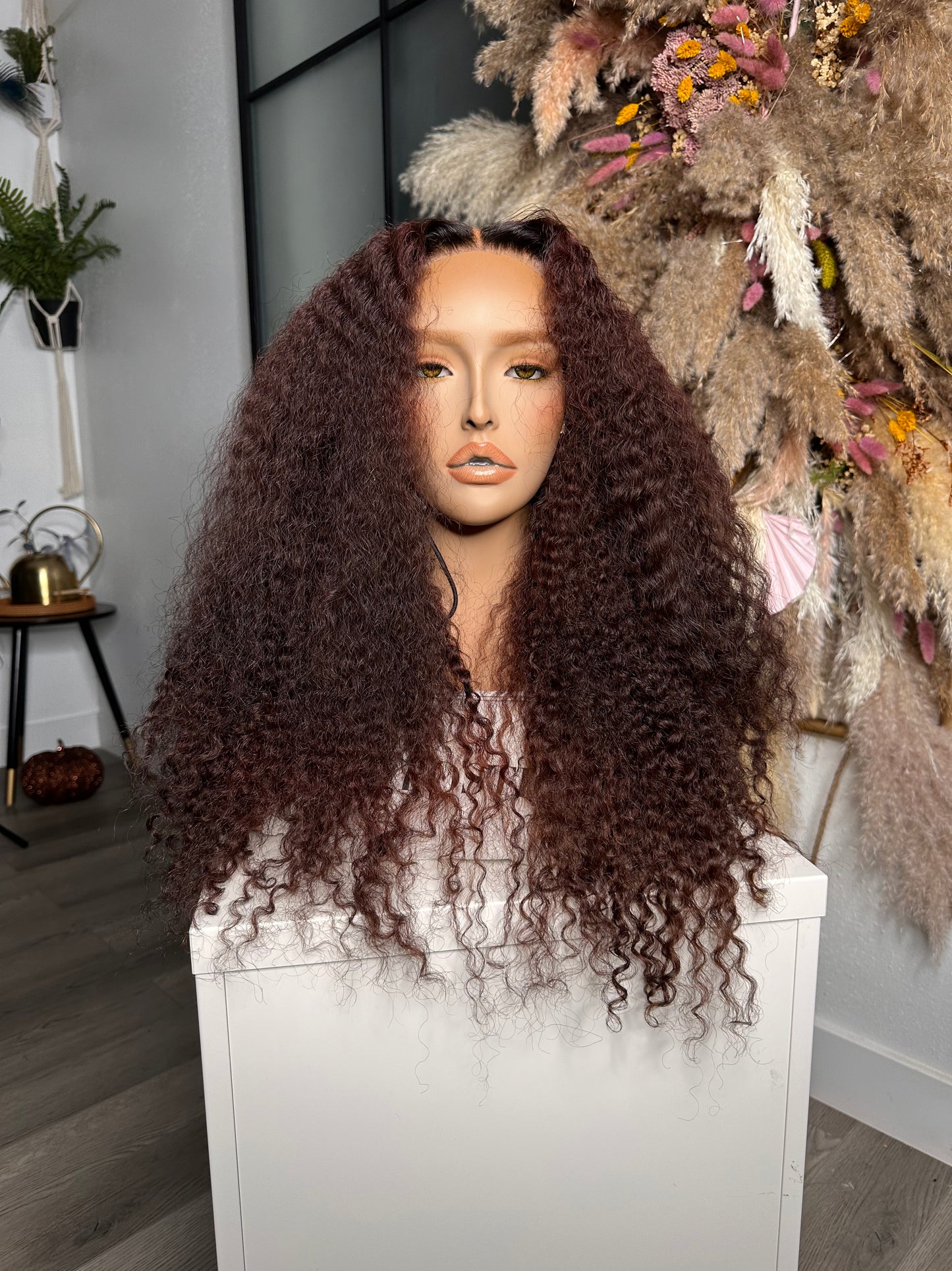 22” Kinky Curly Sangria Red| 6x6 Glueless Postiche