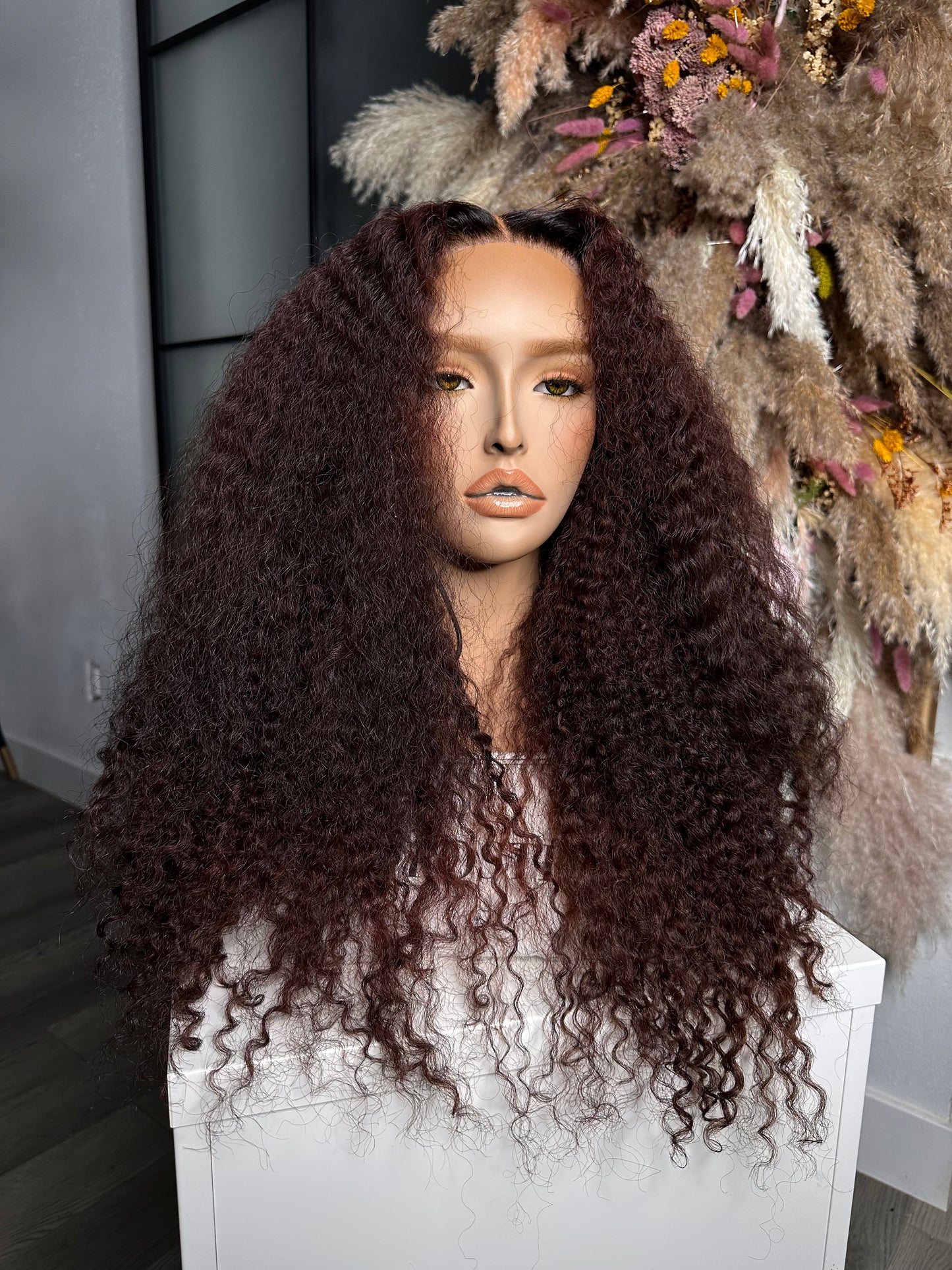 22” Kinky Curly Sangria Red| 6x6 Glueless Postiche