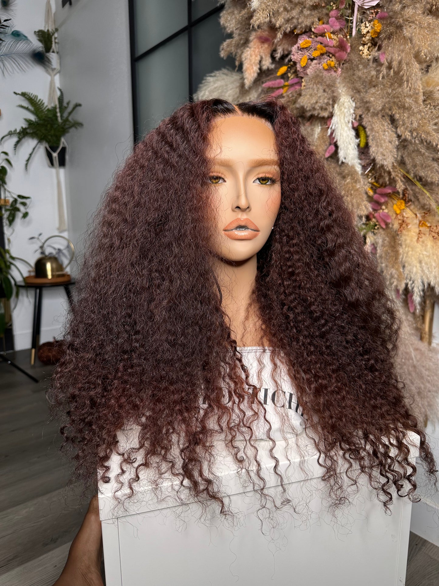 22” Kinky Curly Sangria Red| 6x6 Glueless Postiche