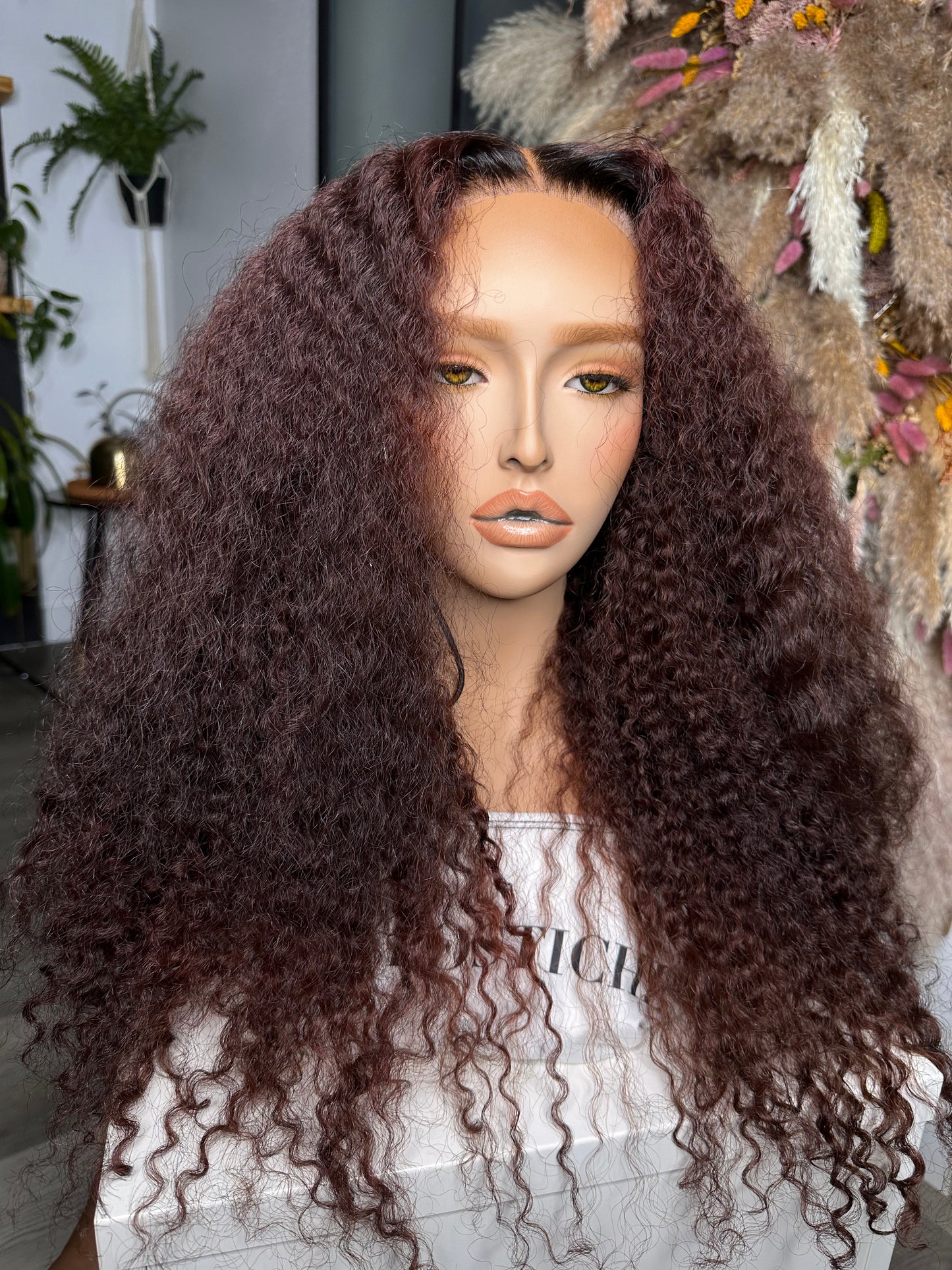 22” Kinky Curly Sangria Red| 6x6 Glueless Postiche
